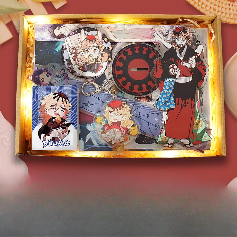 Demon Slayer Demon Anime Villains Gift Set – Douma, Akaza, Muzan, Kokushibo Badge, Notebook & Keychain Bundle for Fans