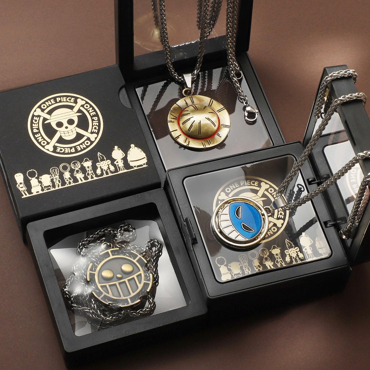 One Piece Luffy & Ace Necklace - Unisex Gold Pendant with Straw Hat, Anime Jewelry Accessory, Collectible Charm