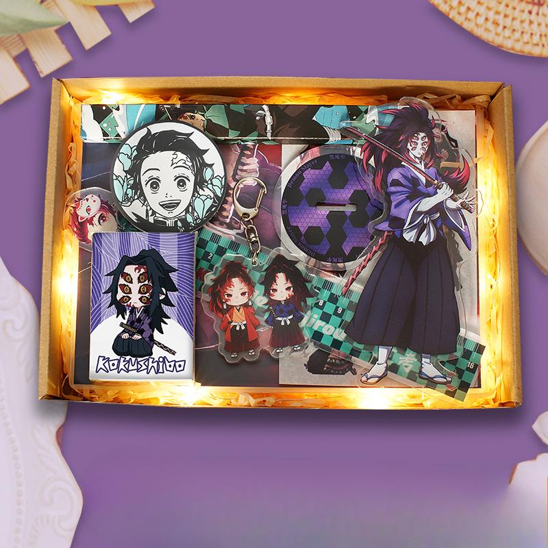 Demon Slayer Demon Anime Villains Gift Set – Douma, Akaza, Muzan, Kokushibo Badge, Notebook & Keychain Bundle for Fans