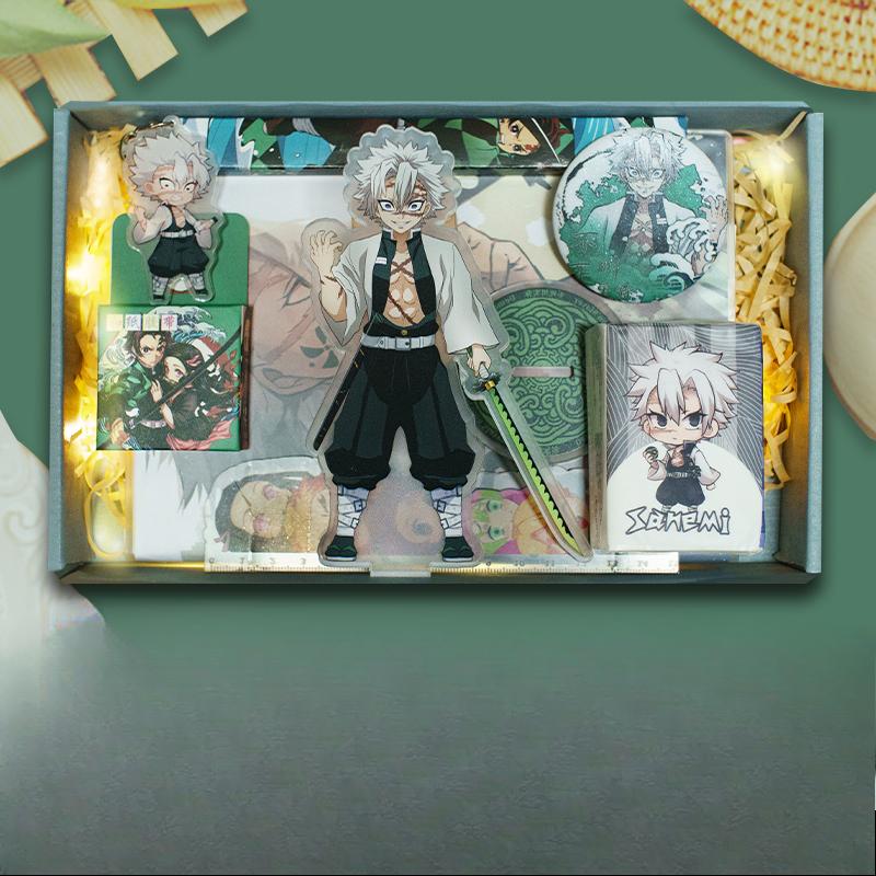 Demon Slayer Demon Anime Villains Gift Set – Douma, Akaza, Muzan, Kokushibo Badge, Notebook & Keychain Bundle for Fans