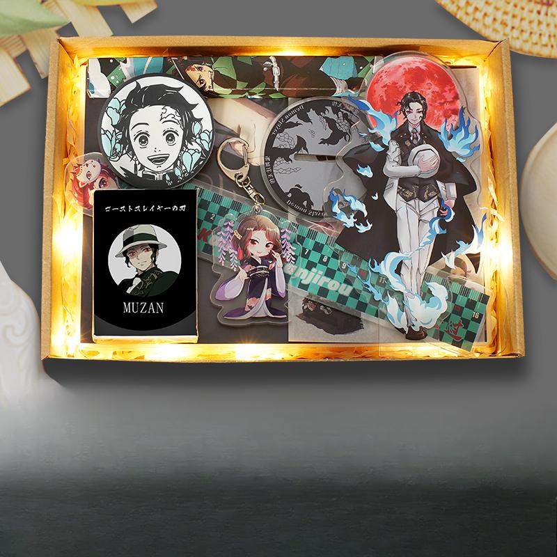Demon Slayer Demon Anime Villains Gift Set – Douma, Akaza, Muzan, Kokushibo Badge, Notebook & Keychain Bundle for Fans