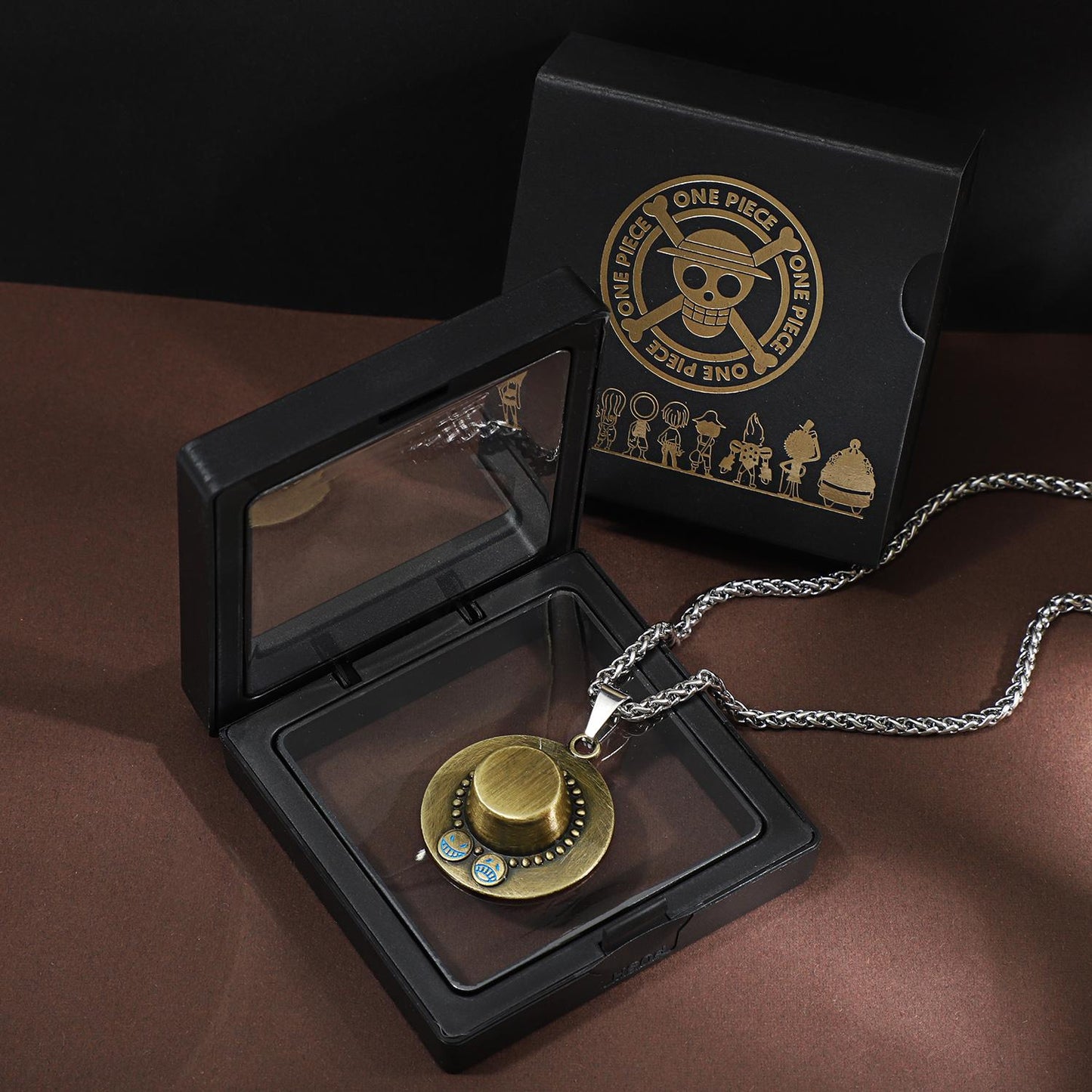One Piece Luffy & Ace Necklace - Unisex Gold Pendant with Straw Hat, Anime Jewelry Accessory, Collectible Charm
