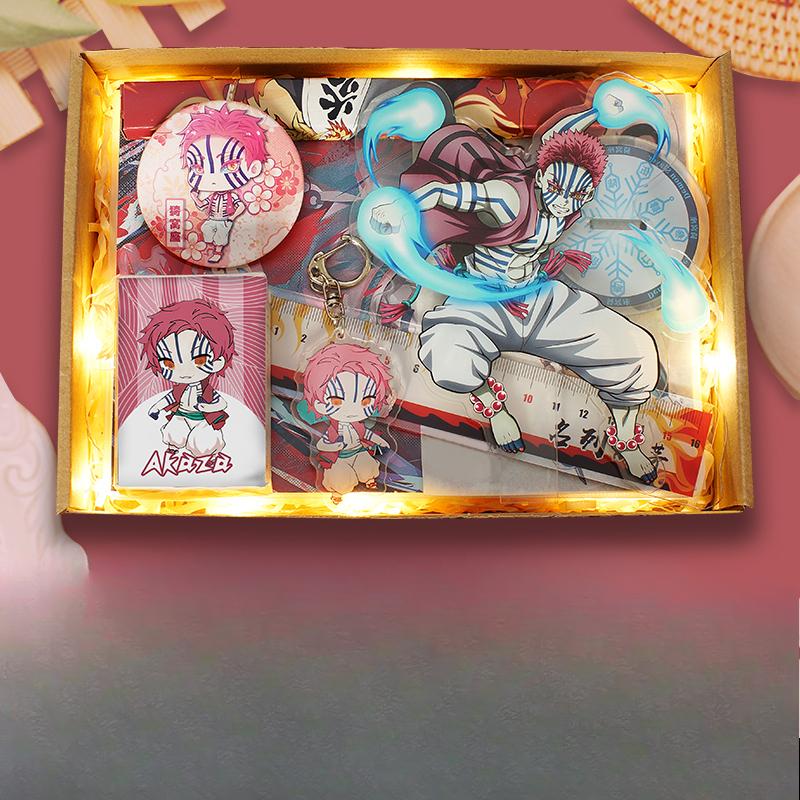 Demon Slayer Demon Anime Villains Gift Set – Douma, Akaza, Muzan, Kokushibo Badge, Notebook & Keychain Bundle for Fans