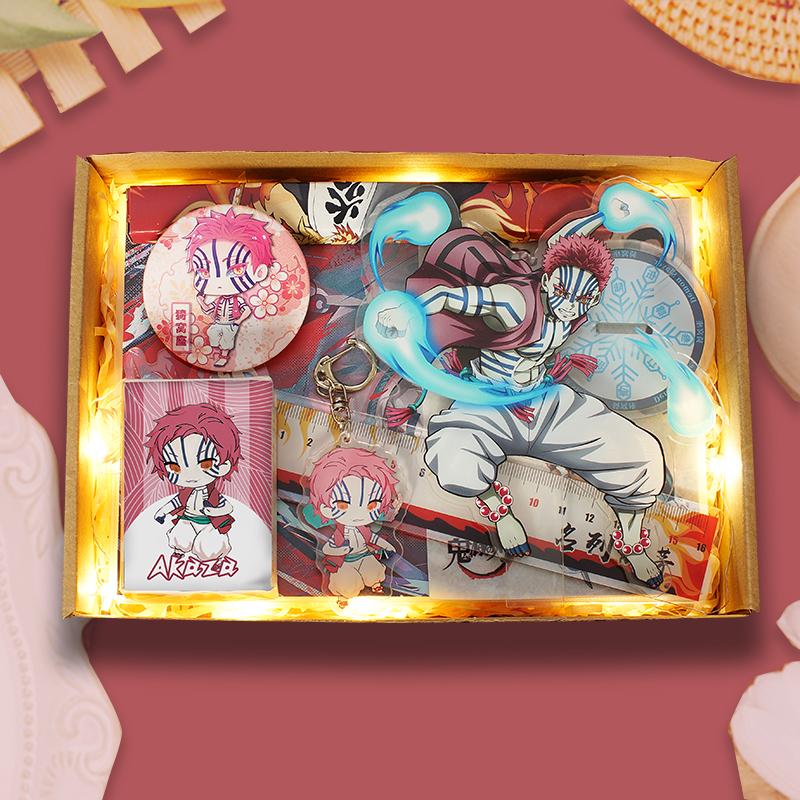 Demon Slayer Demon Anime Villains Gift Set – Douma, Akaza, Muzan, Kokushibo Badge, Notebook & Keychain Bundle for Fans