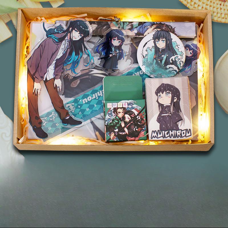 Demon Slayer Demon Anime Villains Gift Set – Douma, Akaza, Muzan, Kokushibo Badge, Notebook & Keychain Bundle for Fans