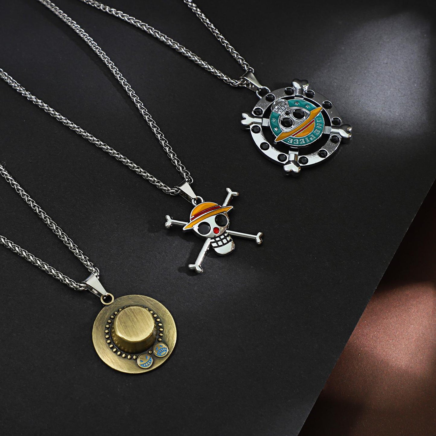 One Piece Luffy & Ace Necklace - Unisex Gold Pendant with Straw Hat, Anime Jewelry Accessory, Collectible Charm