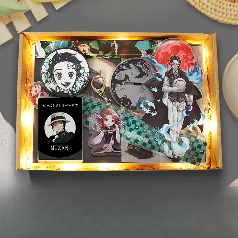 Demon Slayer Demon Anime Villains Gift Set – Douma, Akaza, Muzan, Kokushibo Badge, Notebook & Keychain Bundle for Fans